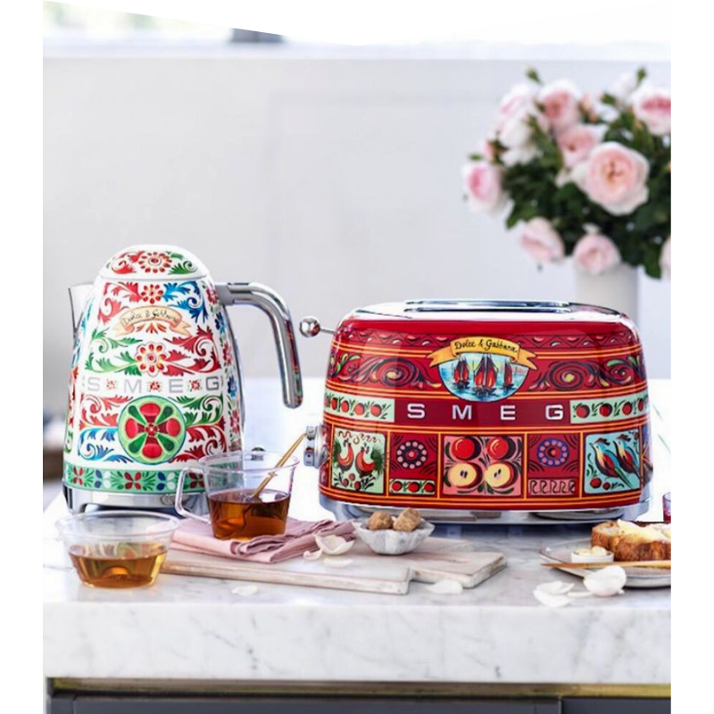 Colourful patterned kettle and toaster.