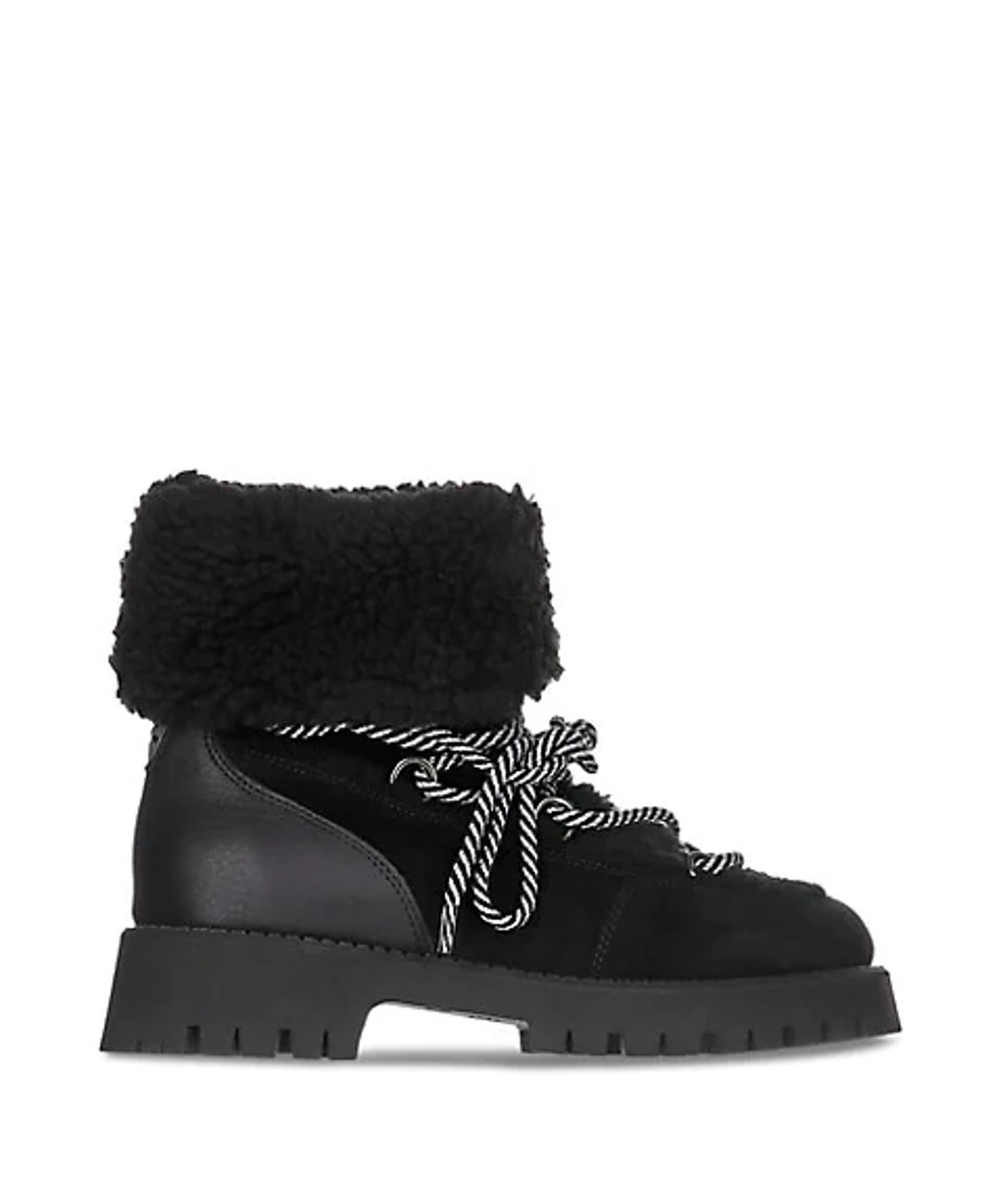 Side view image of a black Pajar boot with black and white laces. It has lug soles, and features a suede front and a leather back. There is a shearling cuff at the top of the boot.