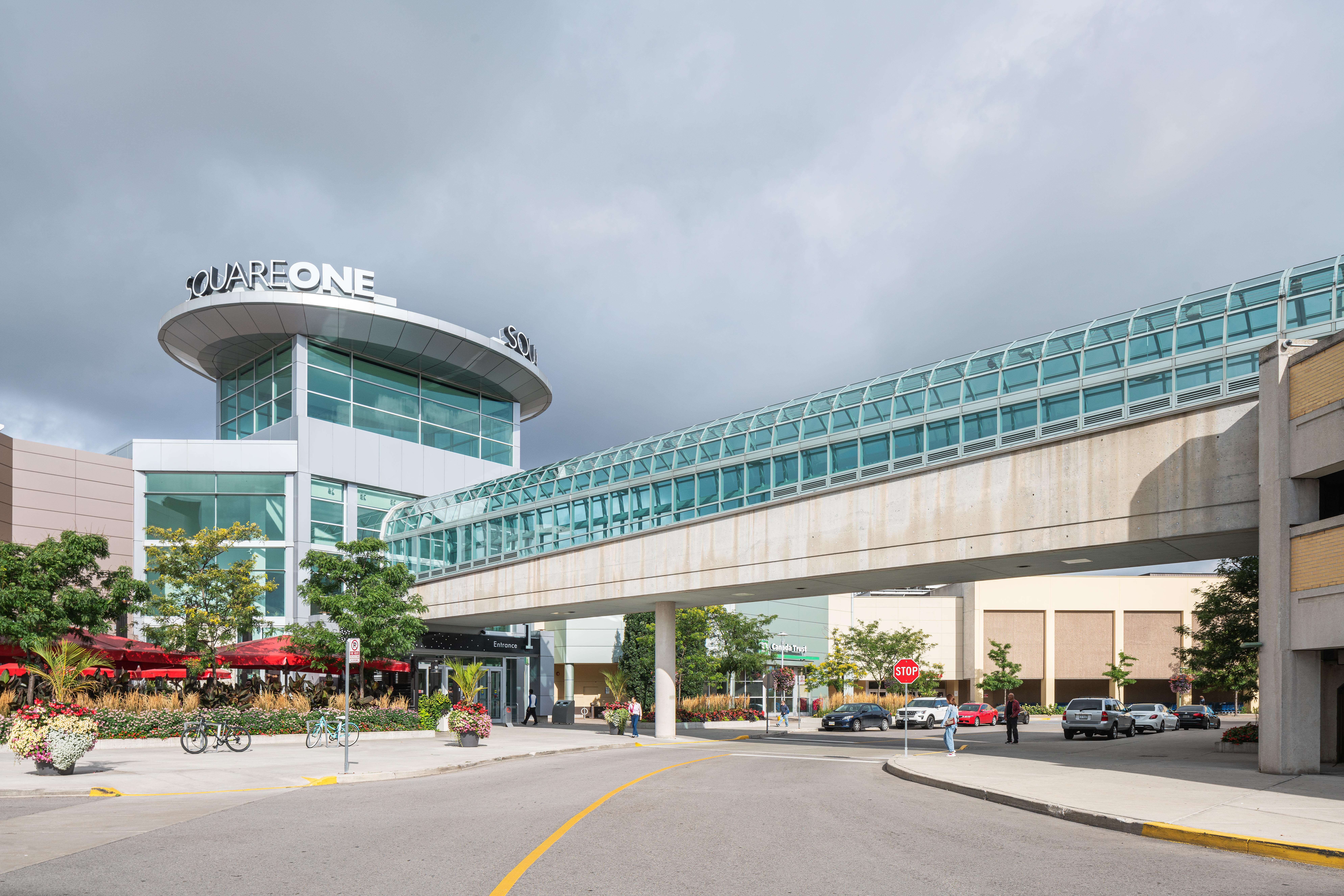 Image of the outside of a shopping centre showcasing bike racks.