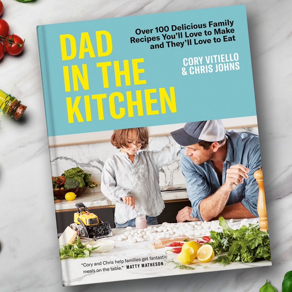 A close up image of the cookbook "Dad in the Kitchen" by Cory Vitiello and Chris Johns.
