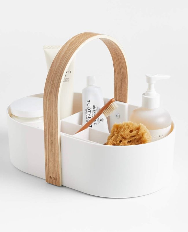 A shower caddy holding personal care items