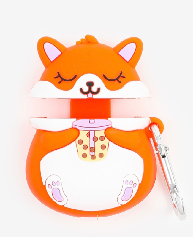 An airpods case in the shape of an orange fox